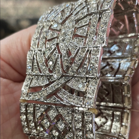 Silver Geometric Crystal Art Deco Cuff Stretch Bracelet - Picture 5 of 11